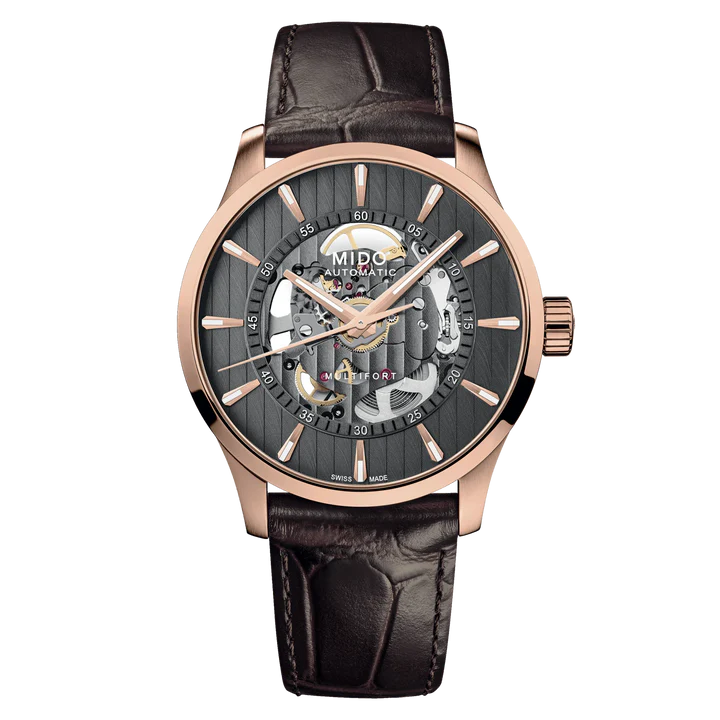 Reloj MIDO Multifort Skeleton Vertigo oro rosa automático 42mm con carátula esqueletada gris