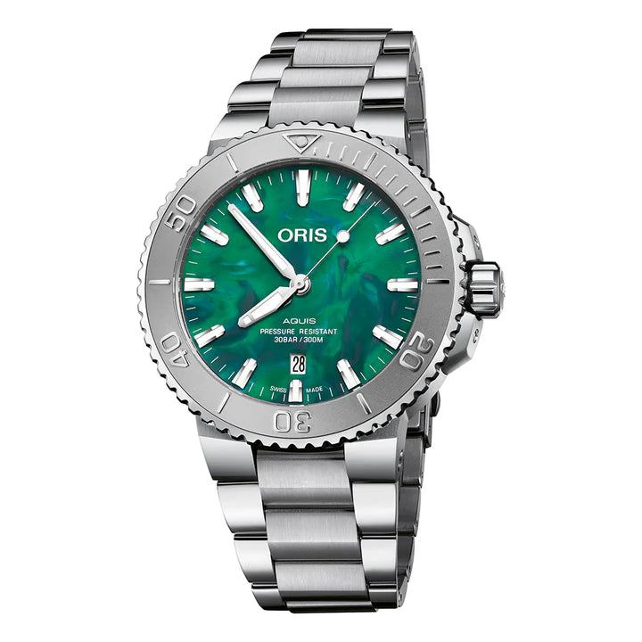 reloj oris aquis date x bracenet 43.5 mm esfera verde reciclada