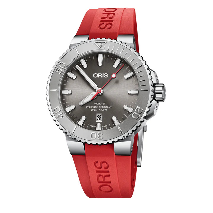 reloj oris aquis date relief 43.5 mm esfera gris correa roja