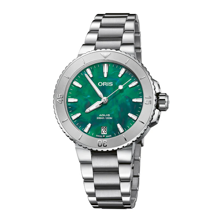 reloj oris aquis date x bracenet 36.5 mm esfera verde reciclada