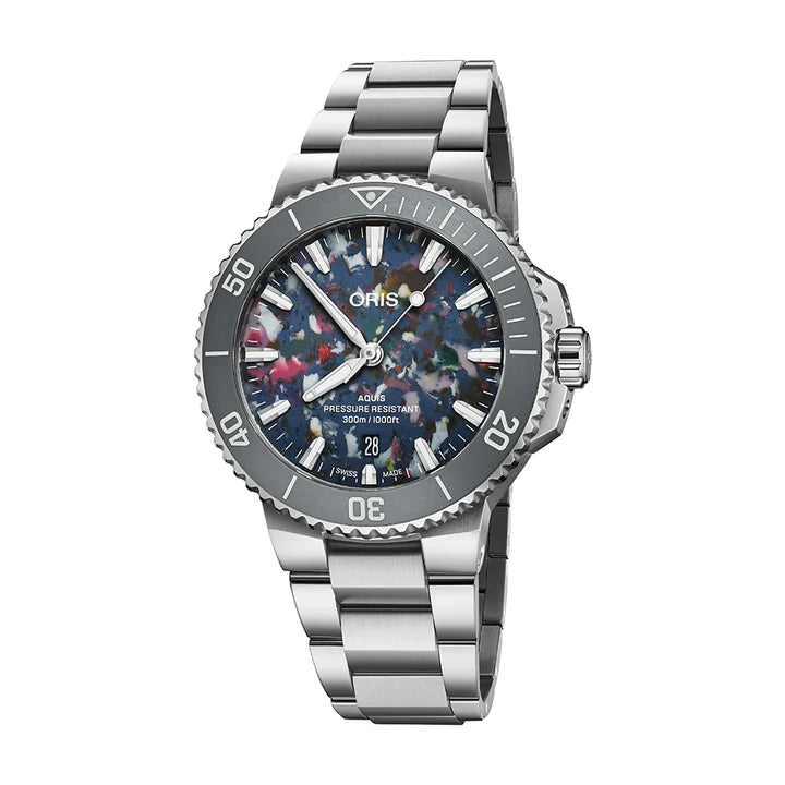 reloj oris aquis date upcycle 41.5 mm esfera reciclada multicolor