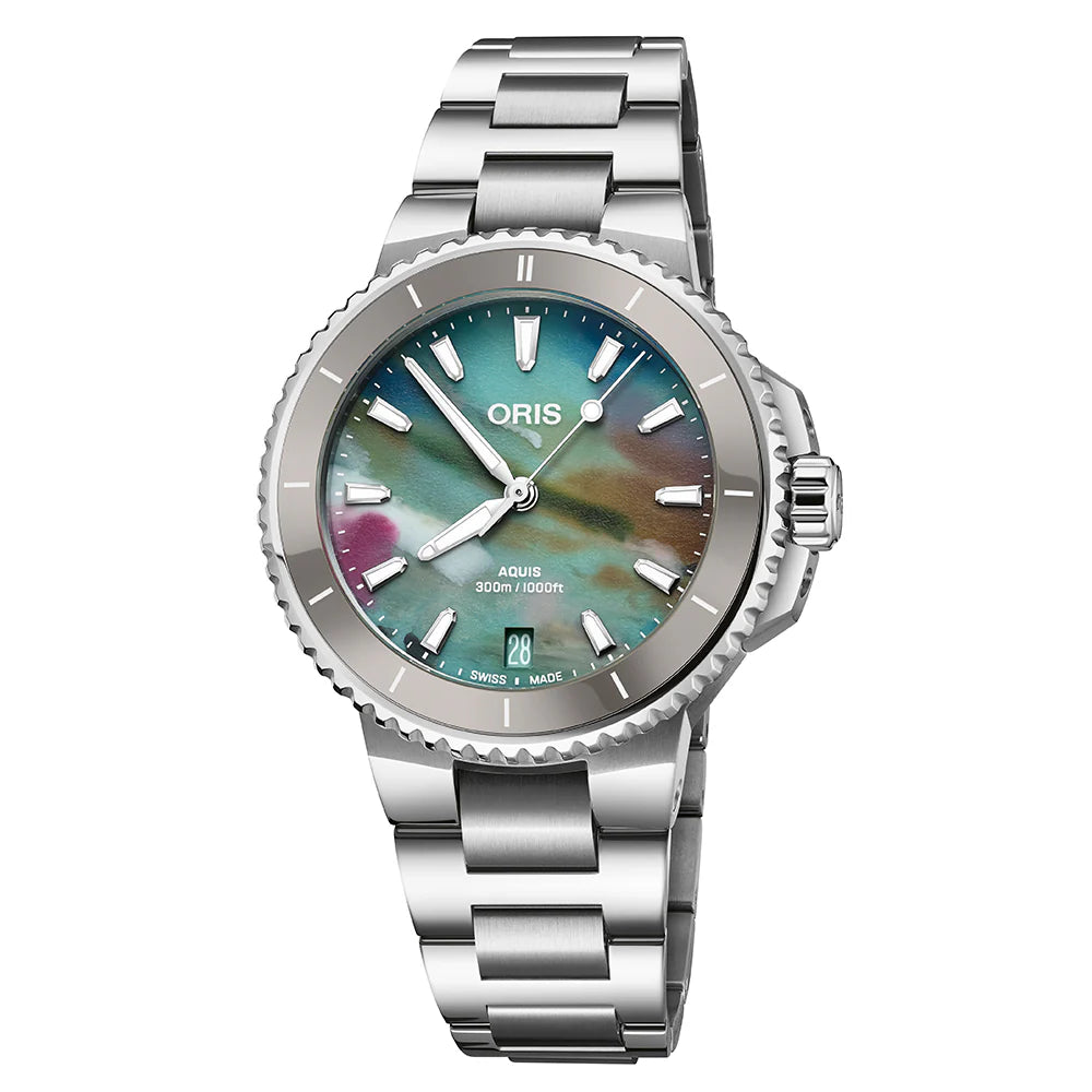 Reloj oris aquis date upcycle 36.5 mm esfera multicolor reciclada