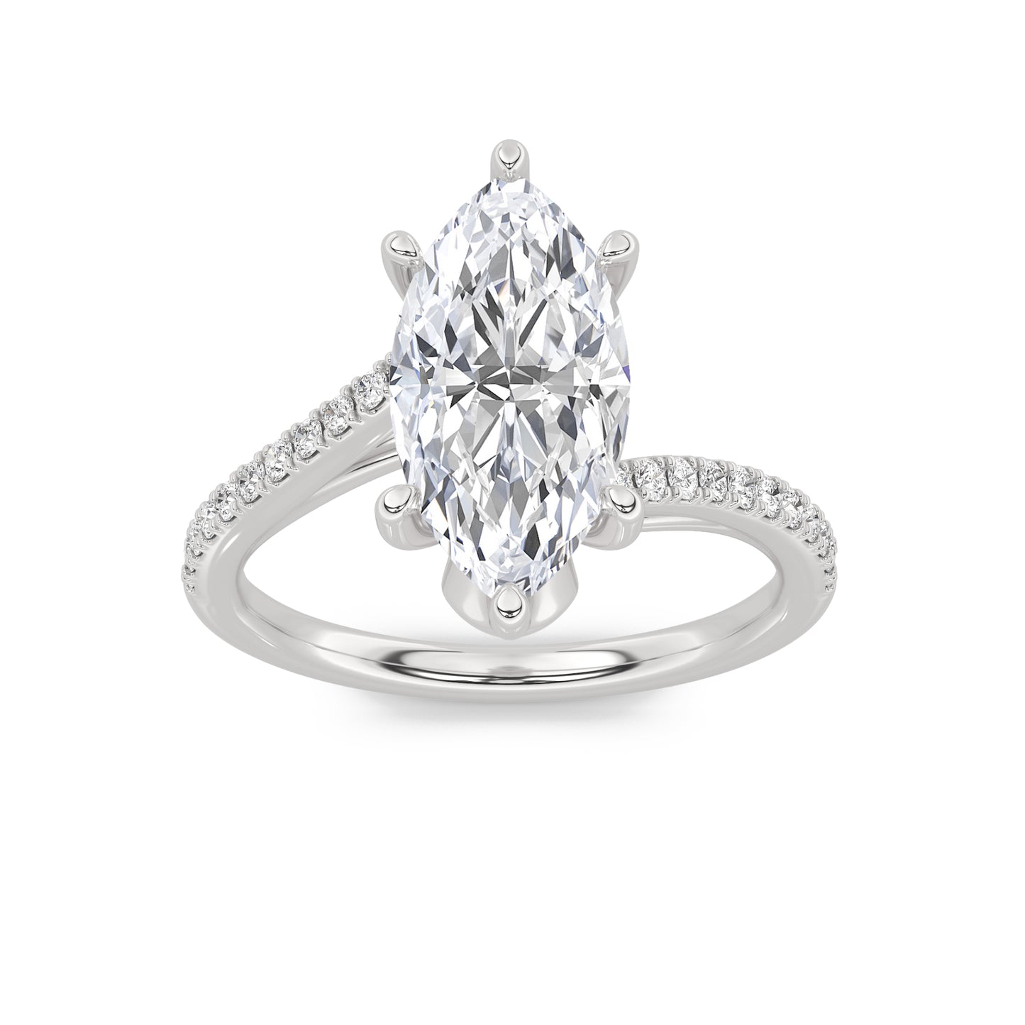 Anillo de compromiso de oro blanco 14K con diamante Lab Grown de 2 quilates en corte marquise, diamantes en el brazo y un total de 2.25 quilates