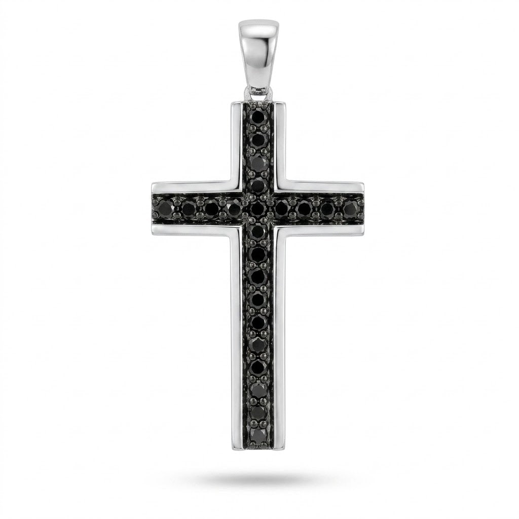Dije cruz en oro blanco 14K con diamantes negros y diseño moderno calado