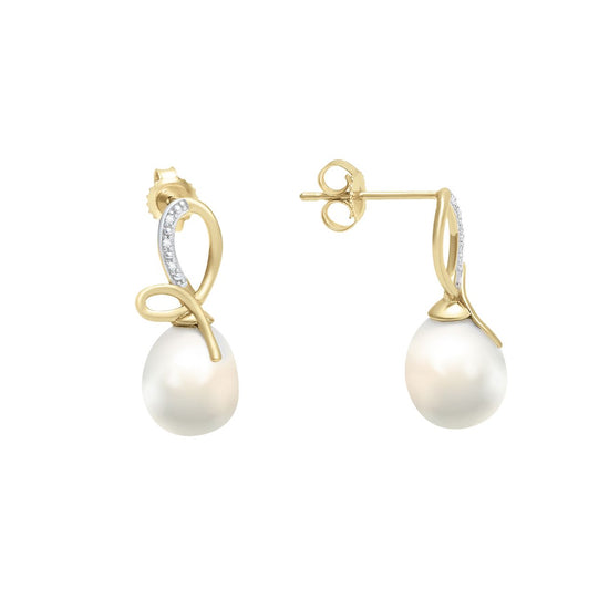 Aretes oro 14K con 2 puntos de diamante y perlas
