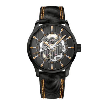 Reloj MIDO Multifort Skeleton Vertigo negro automático 42mm con carátula esqueletada y detalles naranja