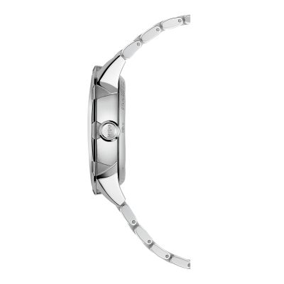 Perfil lateral reloj MIDO Rainflower Blossom en acero inoxidable 34mm con brazalete plateado