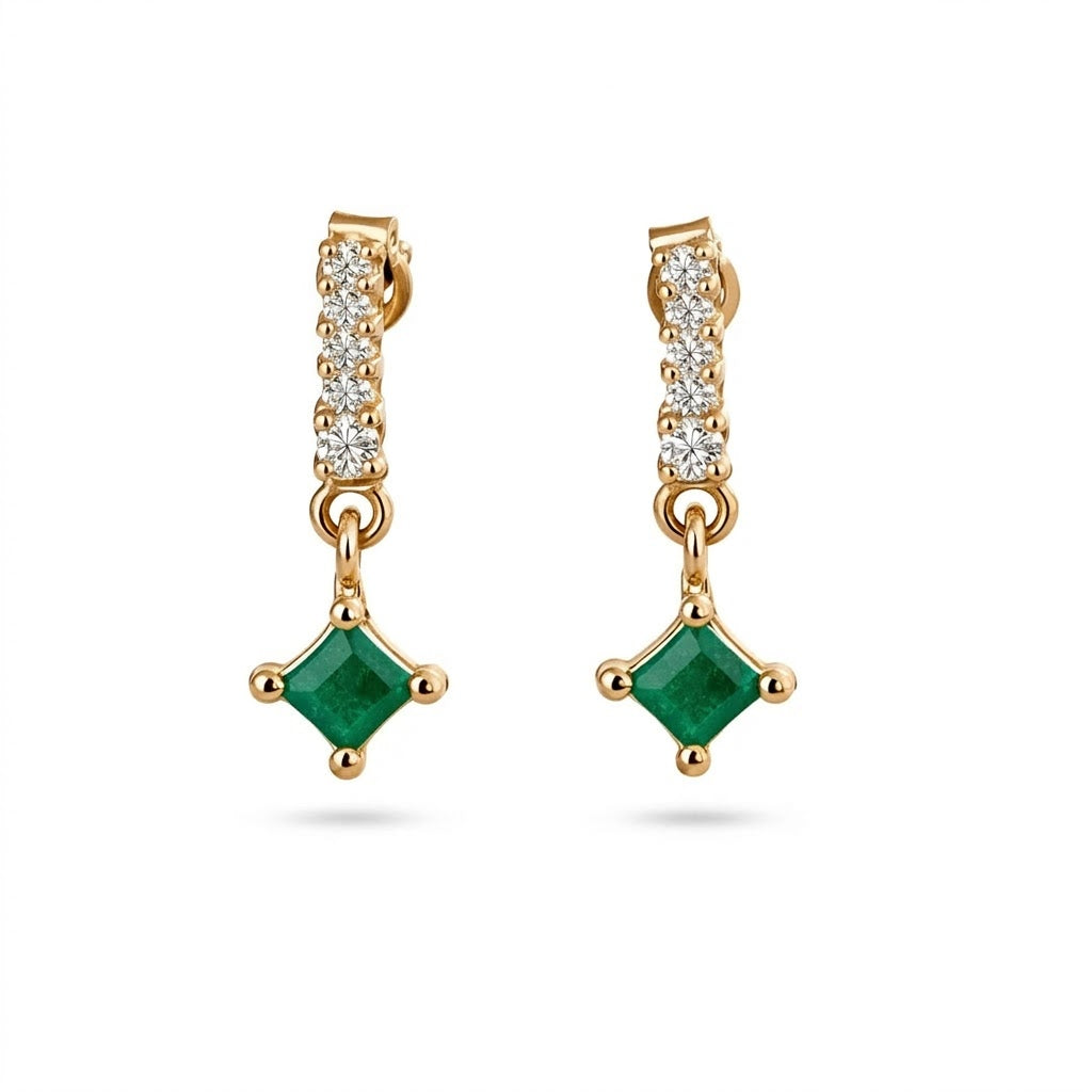 Aretes oro 14K con esmeralda princess y diamantes