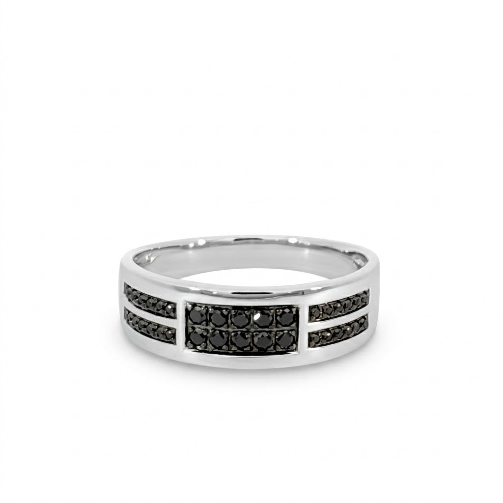 Anillo de caballero en oro blanco 14K con diamantes negros en diseño geométrico moderno